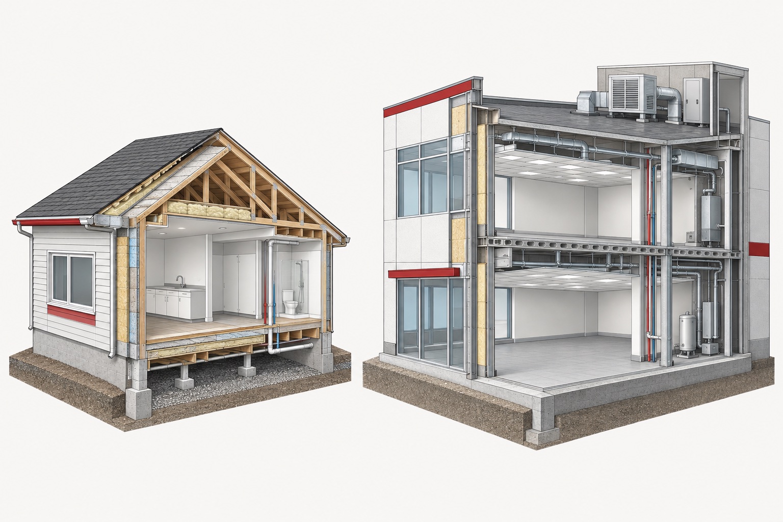 Educational cutaways of a house and an office building showing roofs, walls, ceilings, floor layers, plumbing, and mechanical equipment.