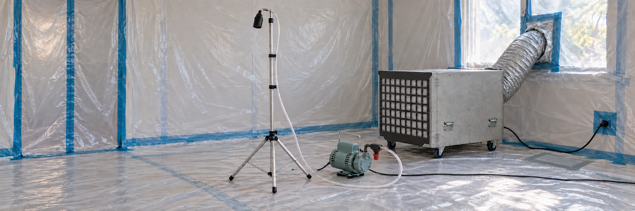 Asbestos air sampling on a metal stand inside a plastic containment with a HEPA negative-air machine