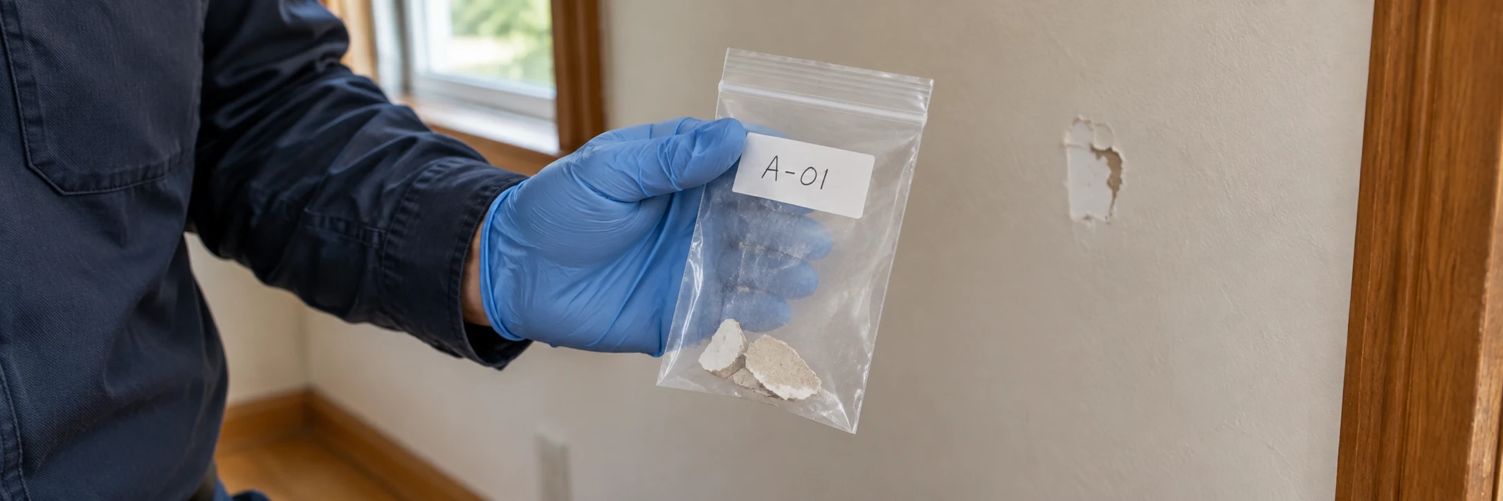 Gloved hand holding small irregular wall-material fragments in a labeled collection bag
