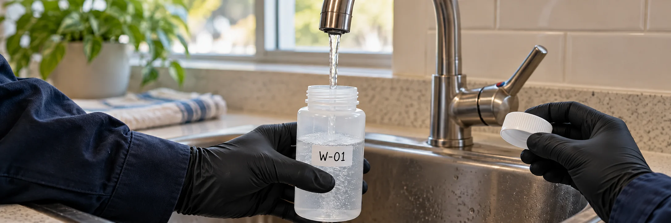 Gloved hand collecting a drinking-water sample from a faucet