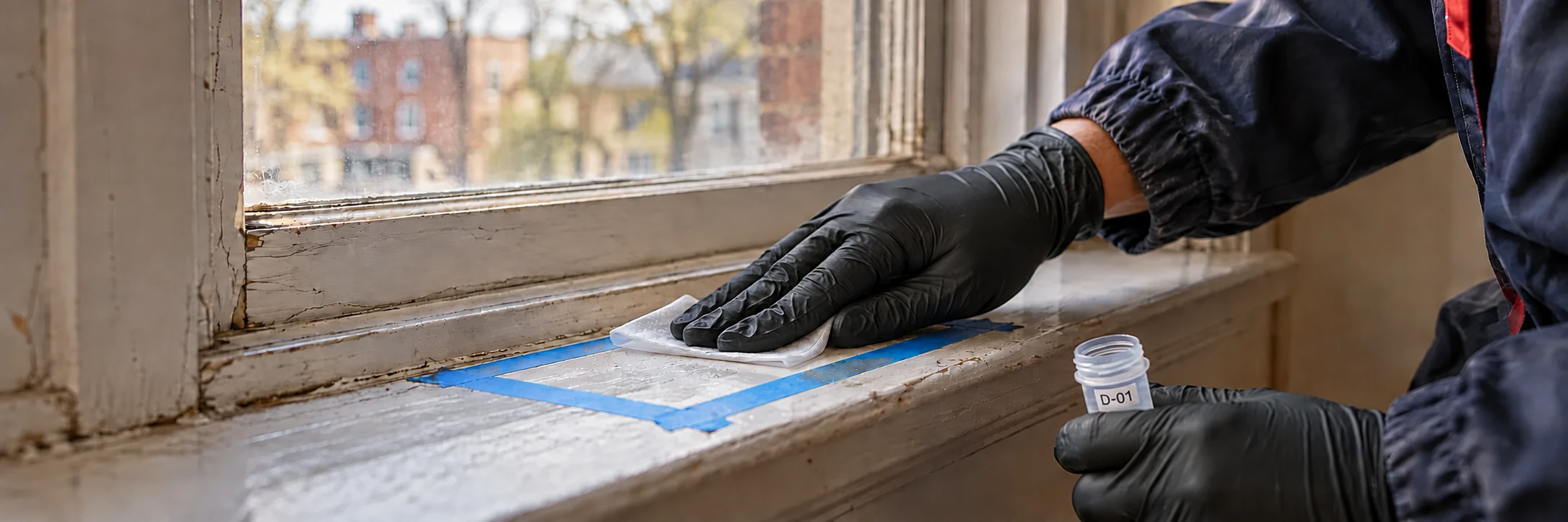 Gloved hand collecting a dust-wipe sample from a painted windowsill