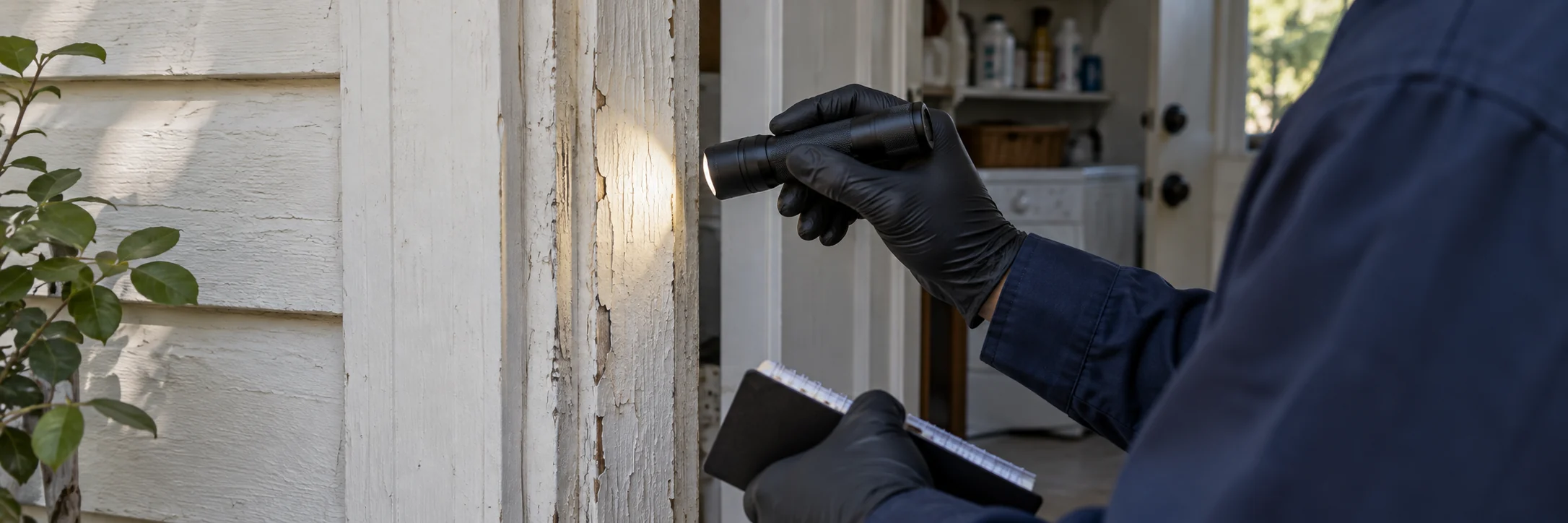 Gloved hand examining the condition of older painted door trim with a flashlight