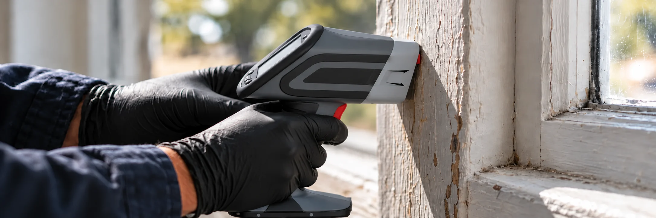 Gloved hands using an XRF analyzer against a painted window frame