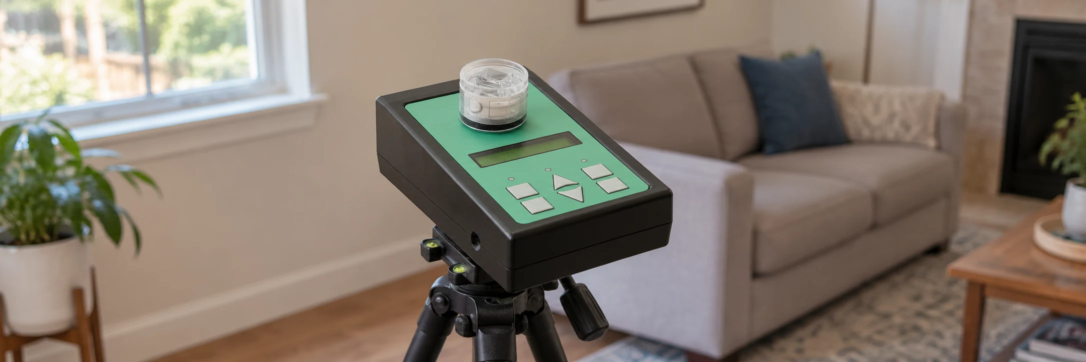 Spore-trap air-sampling cassette mounted directly on a compact pump in a living room