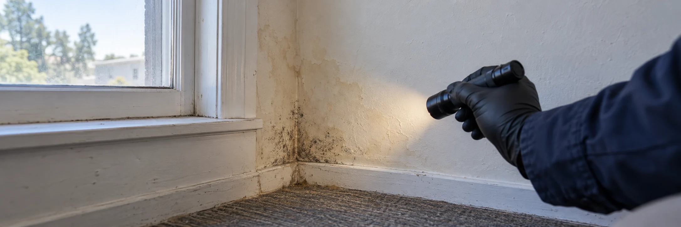 Gloved hand examining moisture staining near a window with a flashlight