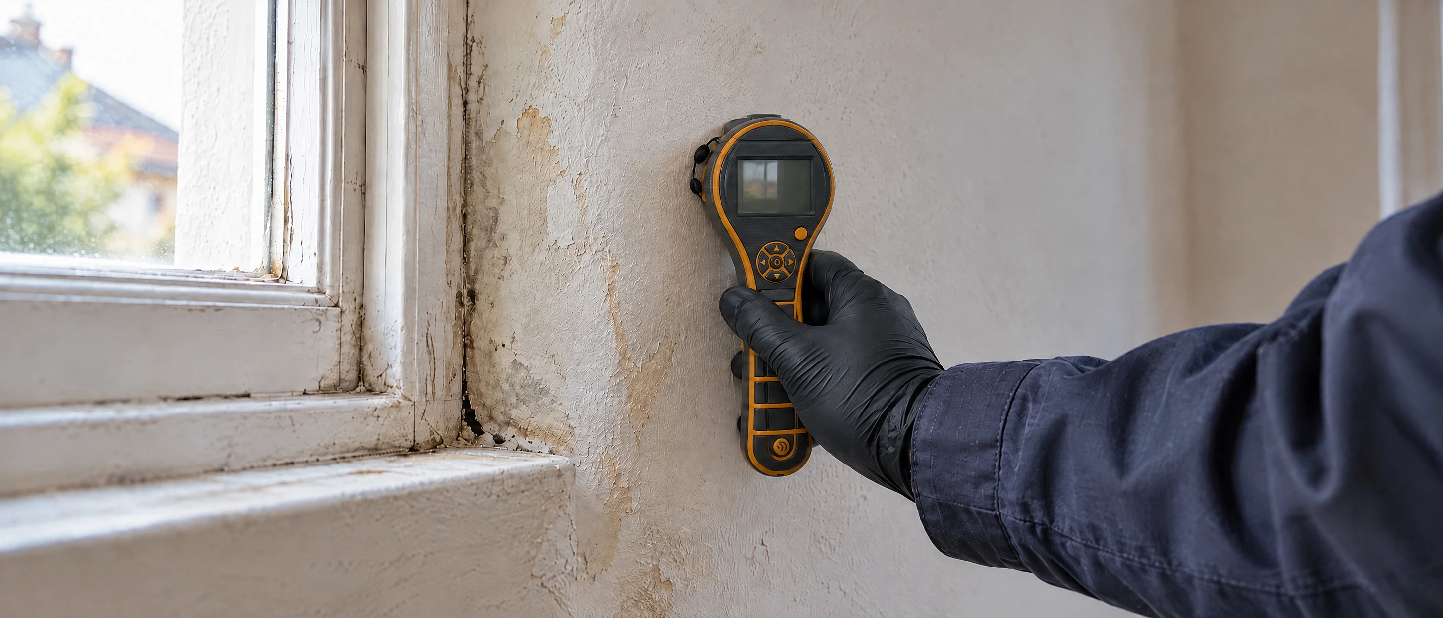 Gloved hand using a moisture meter against plaster near a window