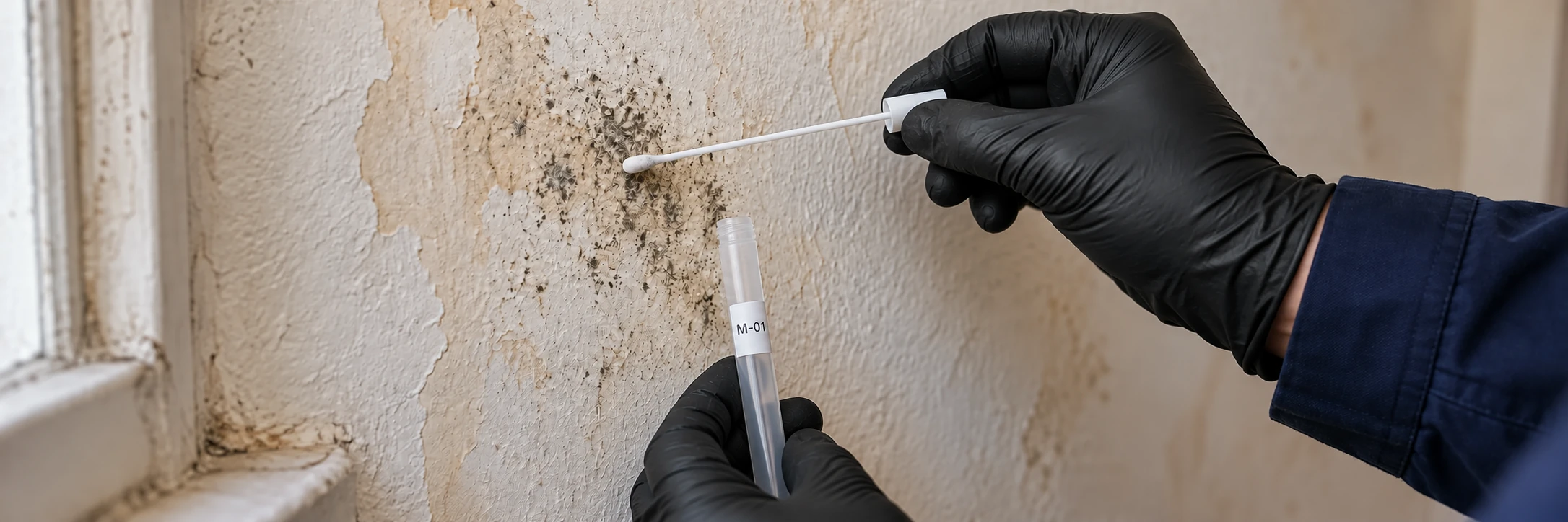 Gloved hands collecting a surface sample near moisture-affected plaster