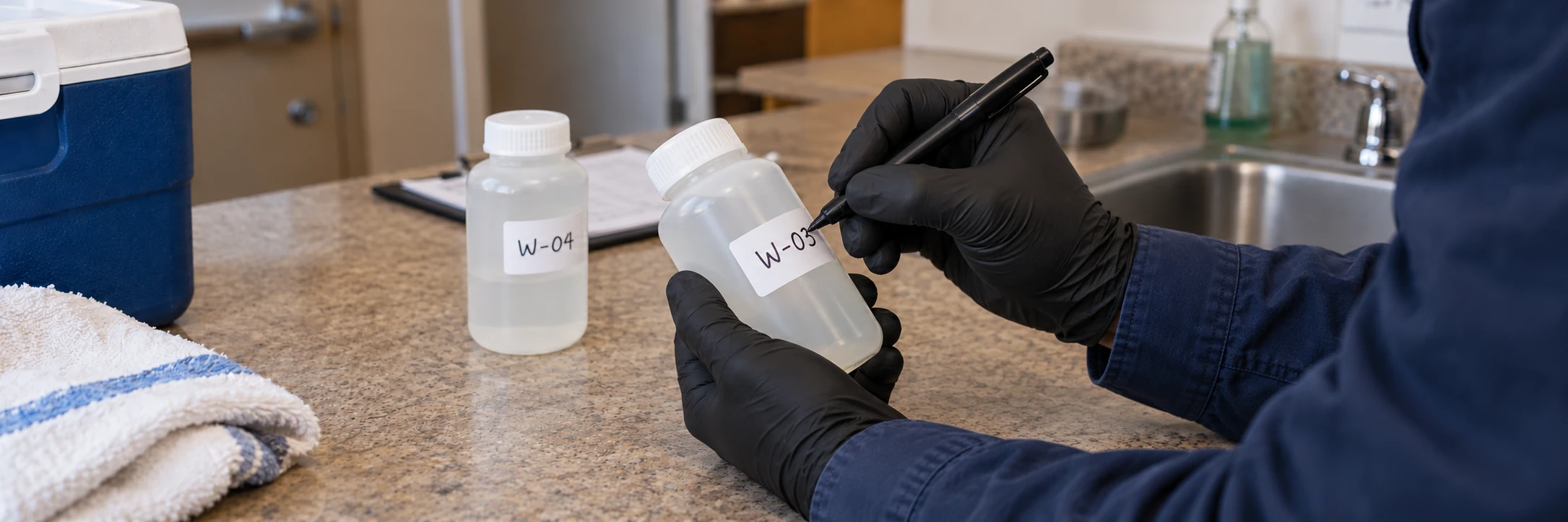Gloved hands labeling a closed drinking-water sample bottle