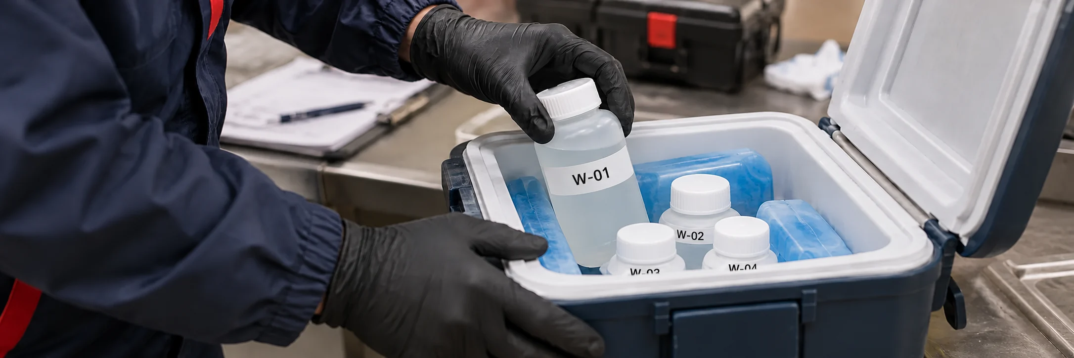 Gloved hands securing drinking-water samples in an insulated cooler