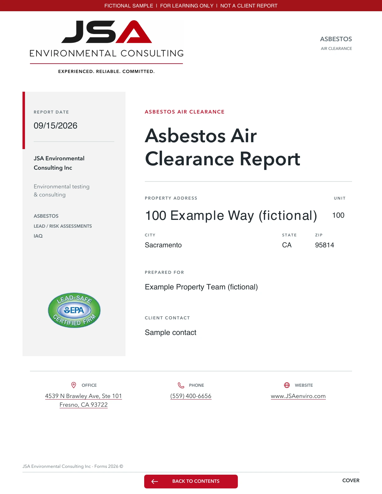 Fictional example on JSA’s Asbestos air clearance cover