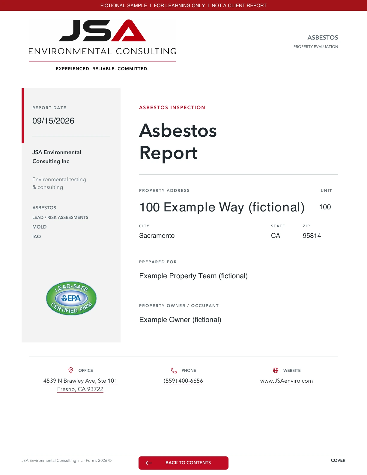 JSA asbestos inspection sample report cover