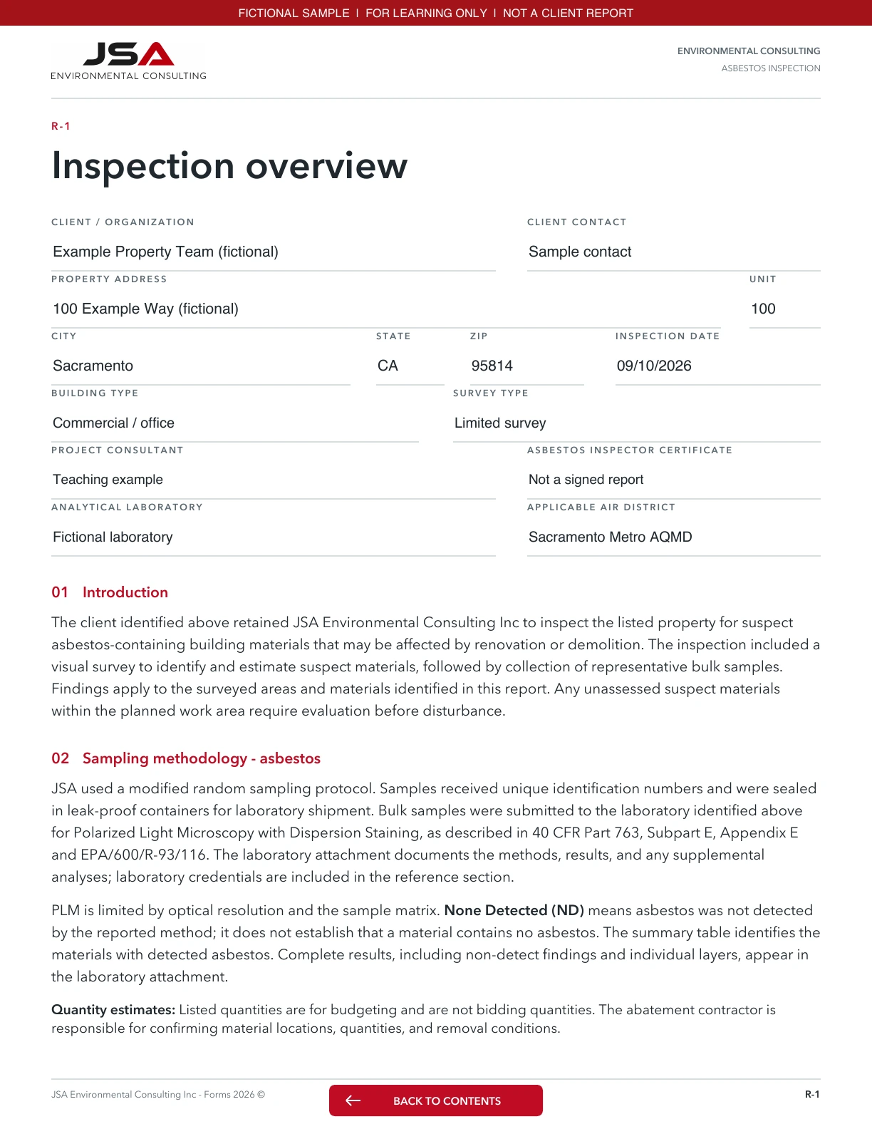 JSA Asbestos inspection, Inspection overview; fictional entered values and explanations follow