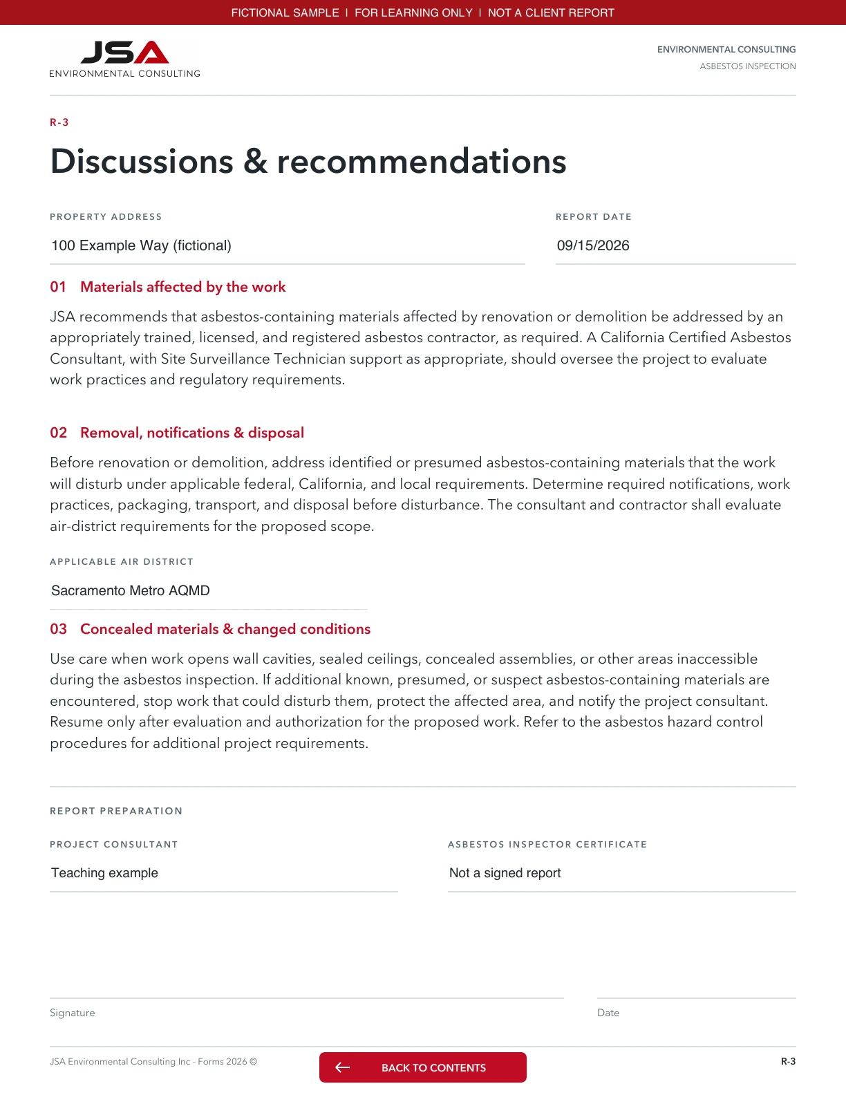 JSA Asbestos inspection, Recommendations; fictional entered values and explanations follow
