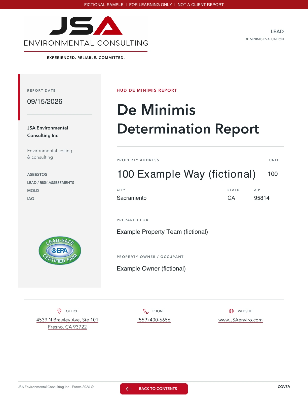 Fictional example on JSA’s HUD de minimis determination cover