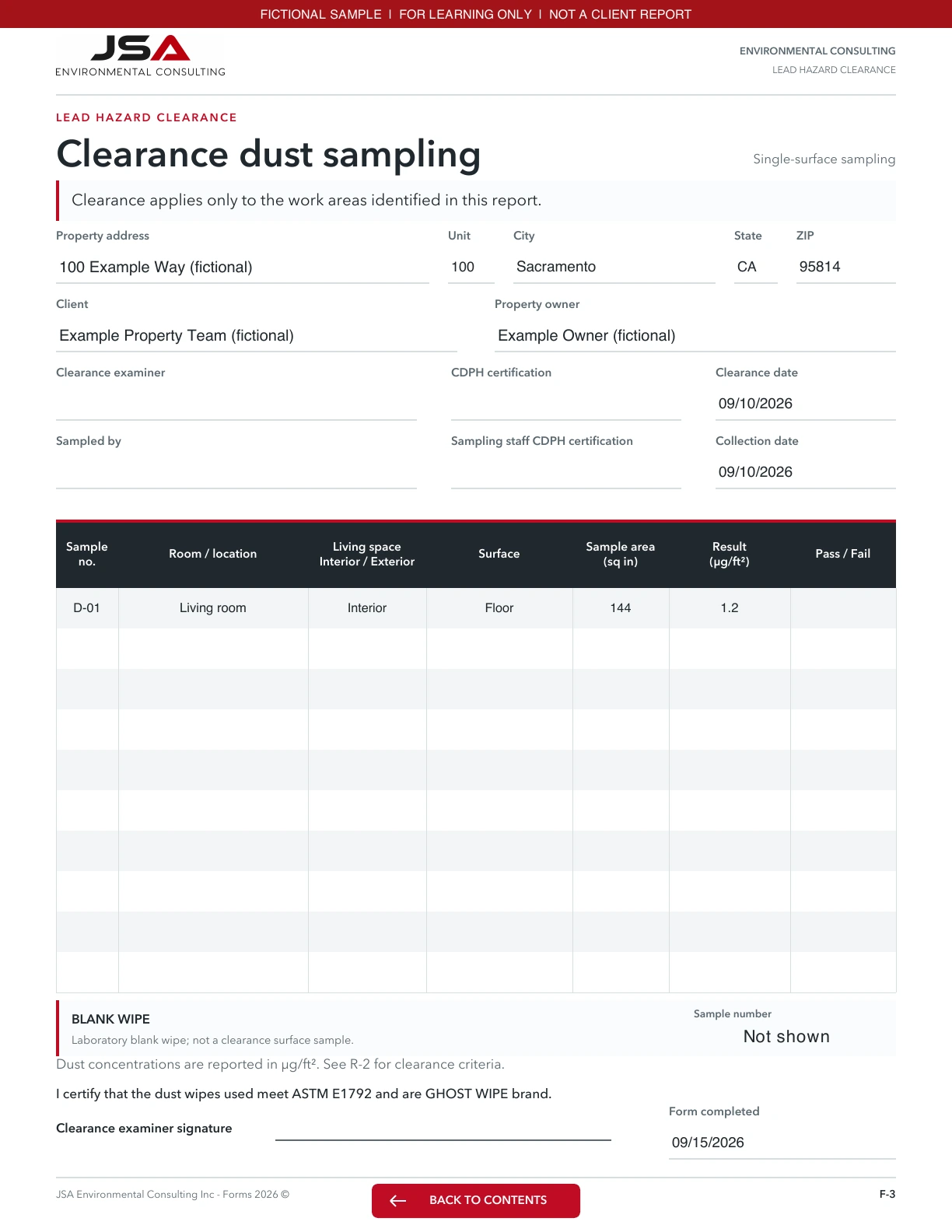 JSA Lead clearance, Dust sampling; fictional entered values and explanations follow