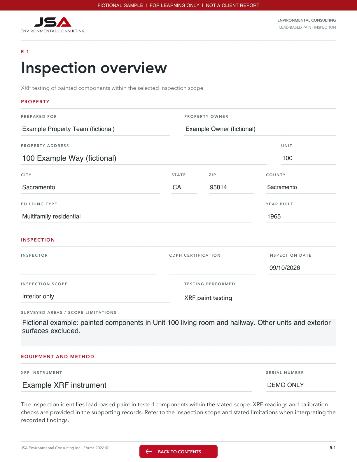 JSA Lead paint inspection, Inspection overview; fictional entered values and explanations follow