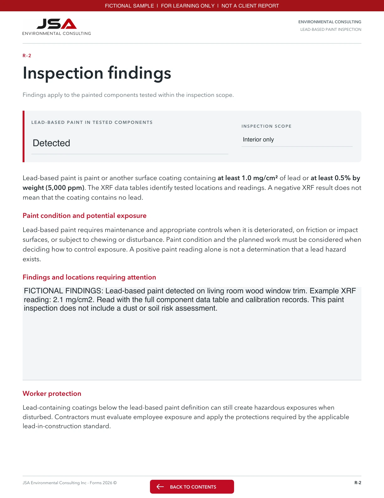 JSA Lead paint inspection, Inspection findings; fictional entered values and explanations follow