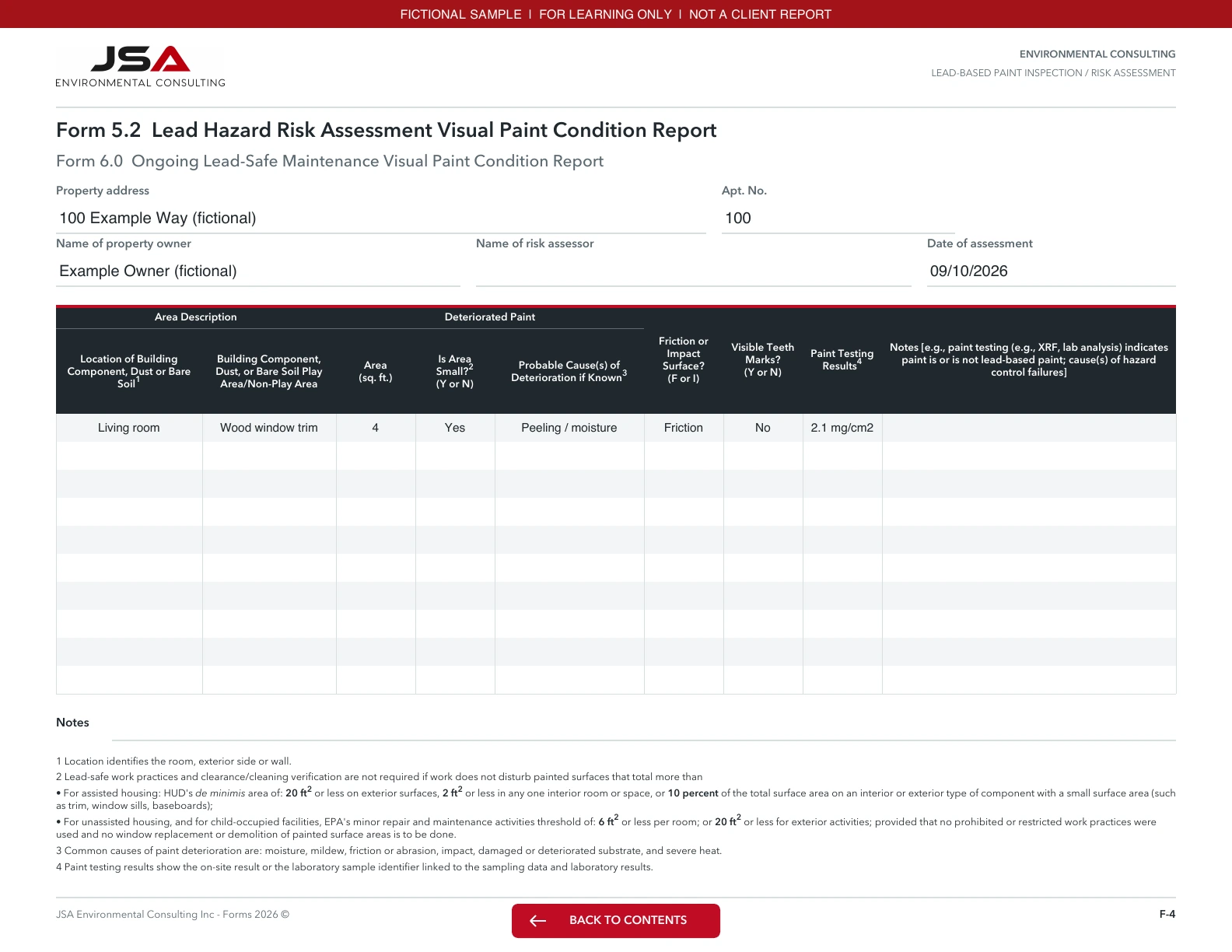 JSA Lead inspection & risk assessment, Paint condition record; fictional entered values and explanations follow