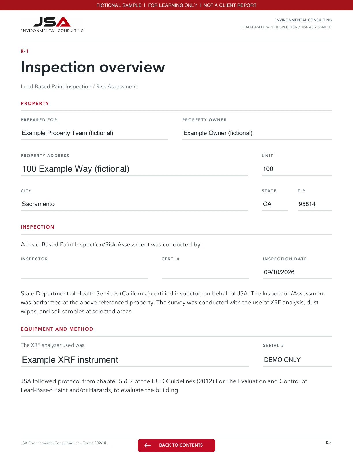 JSA Lead inspection & risk assessment, Inspection overview; fictional entered values and explanations follow